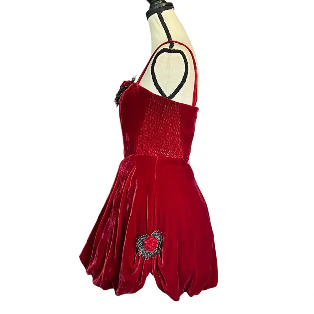 NWT Vintage Betsey Johnson Red Velvet Black Lace 3D Rose Cupcake Mini Dress - Picture 6 of 10